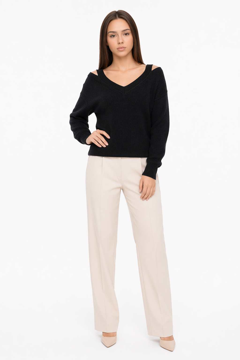 Cut V-Neck Sweater for Women Black