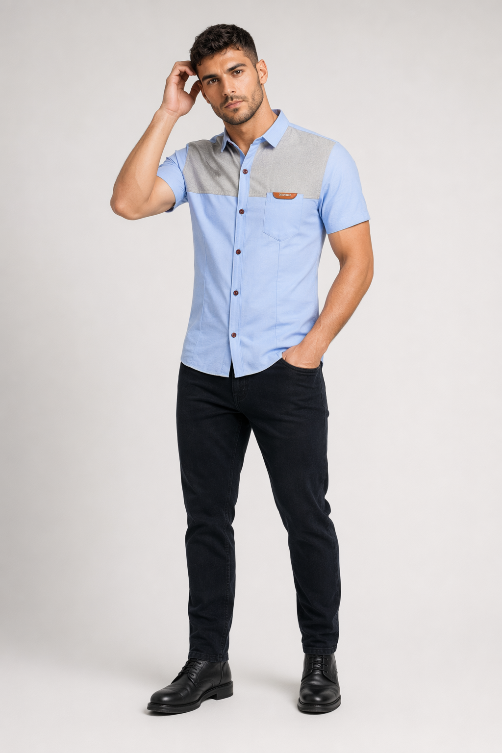 Color Block Men's Denim Shirt Sky Blue