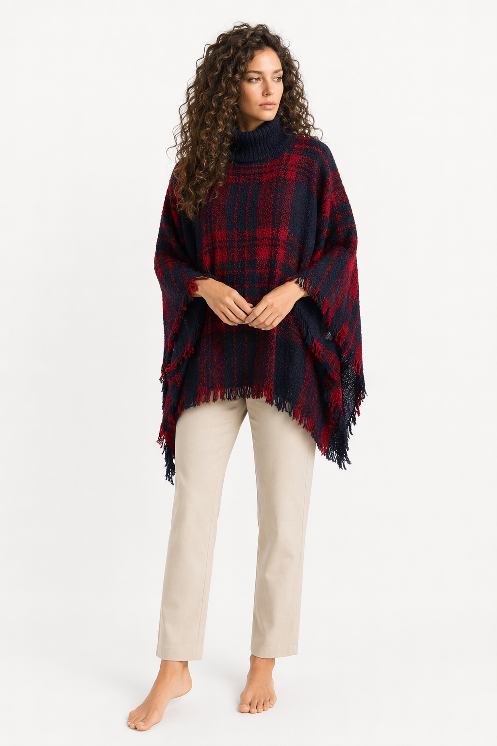 Turtleneck Poncho for Women Red