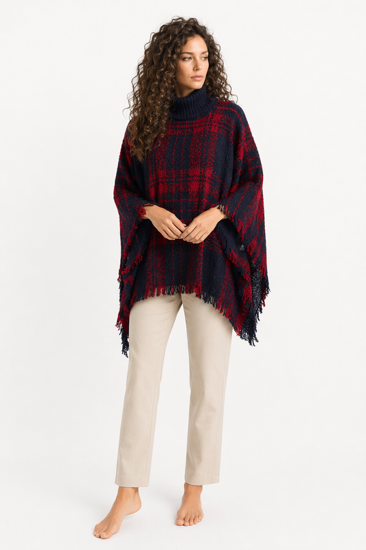 Turtleneck Poncho for Women Red
