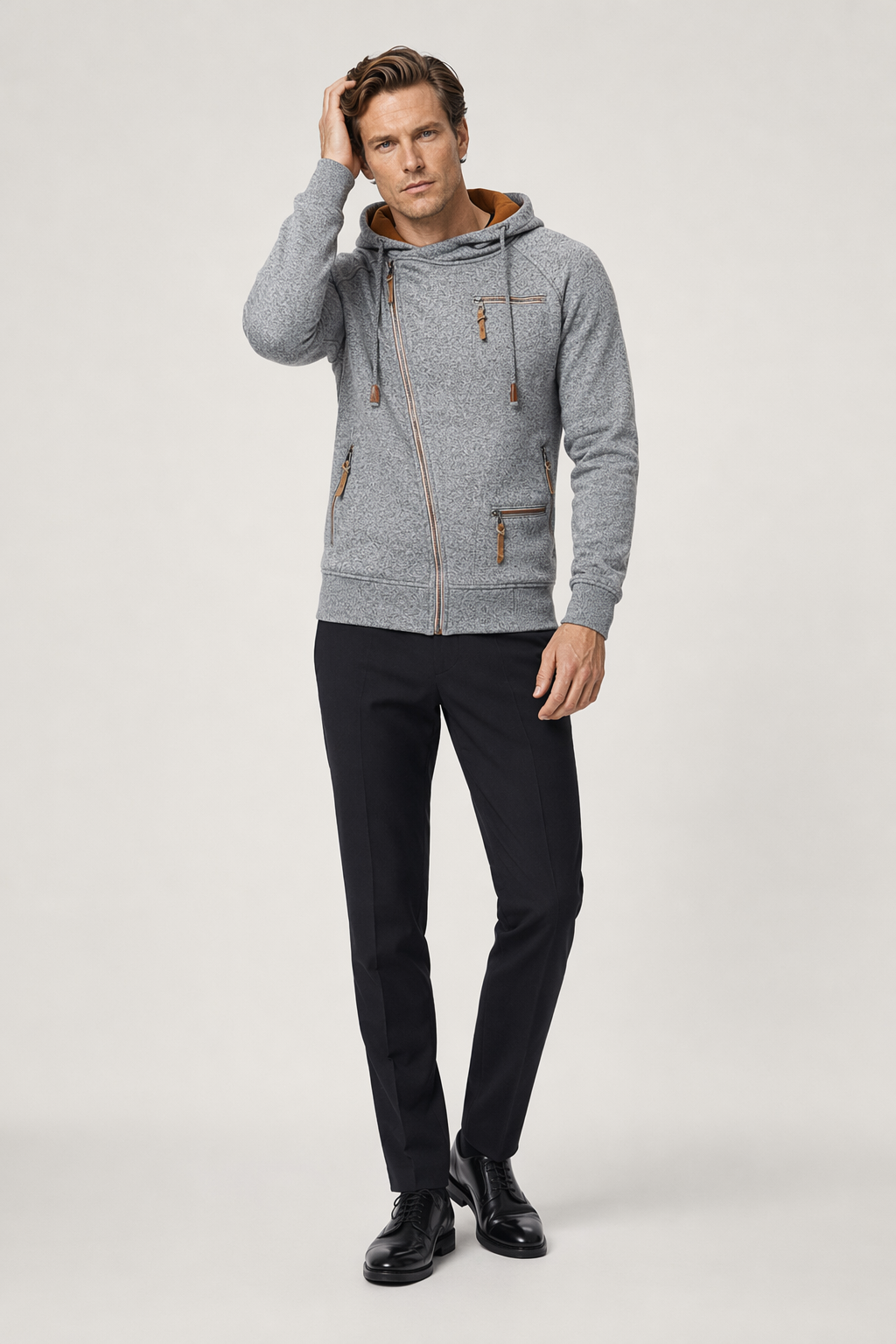 Faux Leather Detailed Zip-Up Men's Hoodie Light Gray