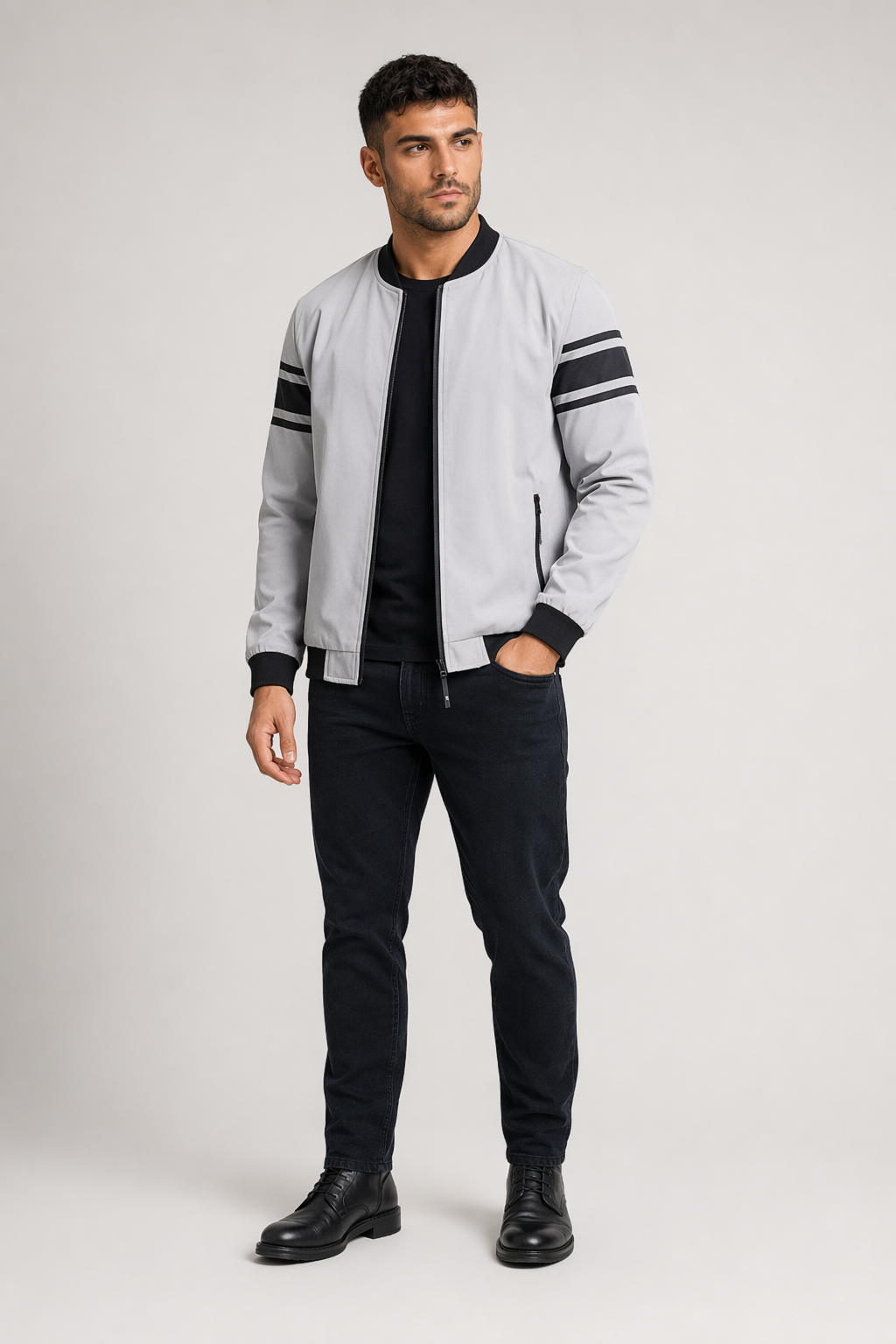 Striped Sleeve Zip-Up Bomber Jacket for Men Grary