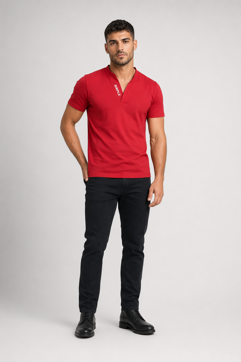 Slim Fit Men's Casual V-Neck Tee Red