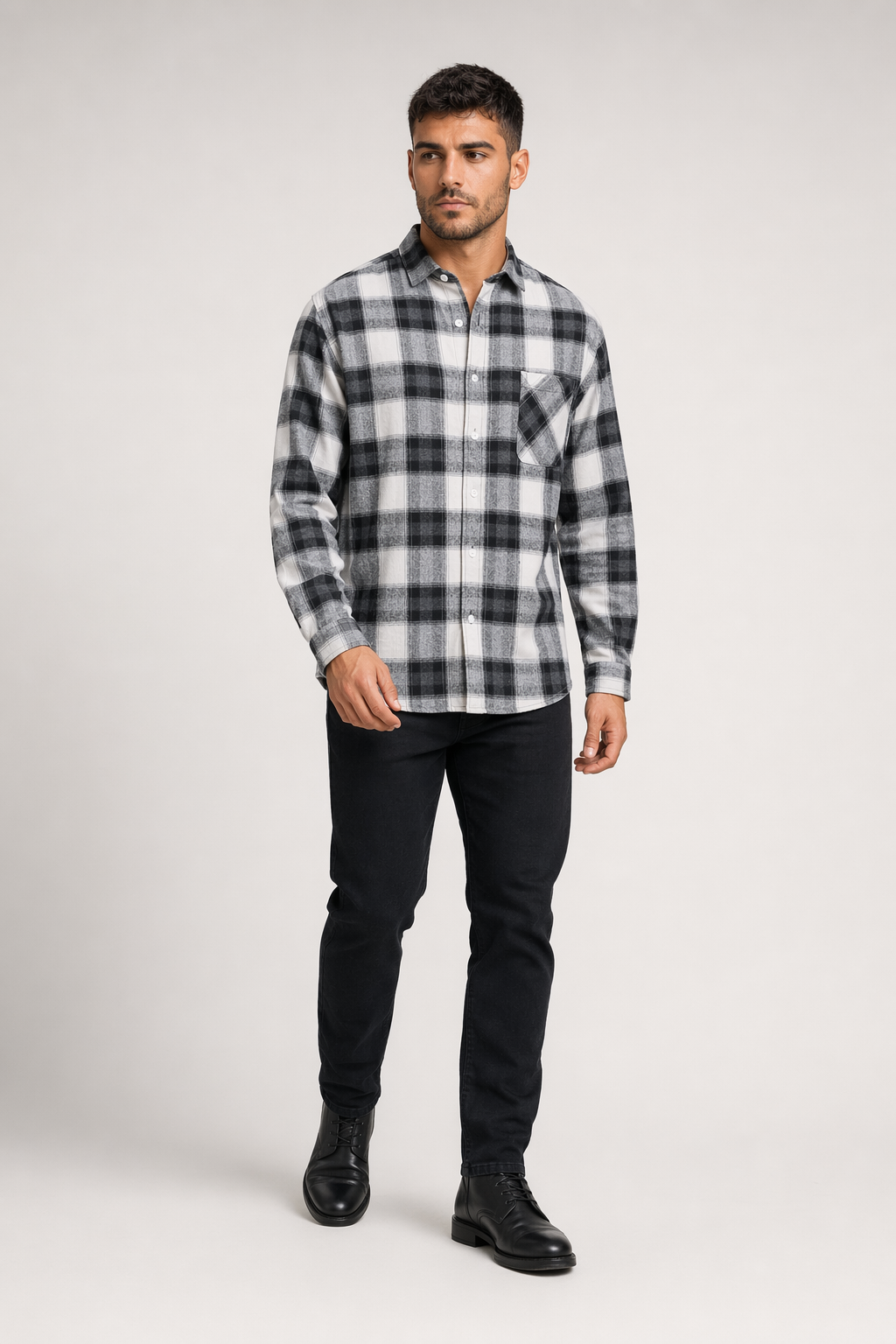 Gray Plaid Button-Up Casual Shirt for Men with Long Sleeves Default