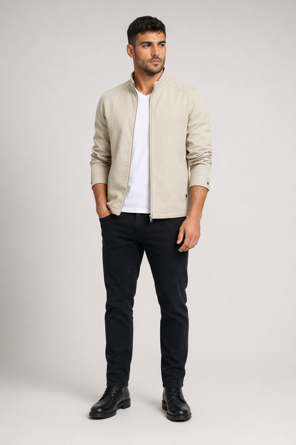 Beige Zippered Jacket for Men with Slim Fit Default