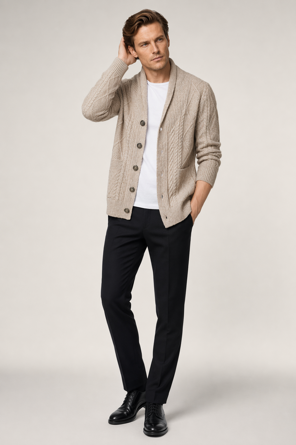 Shawl Collar Men's Cable Knit Cardigan Beige