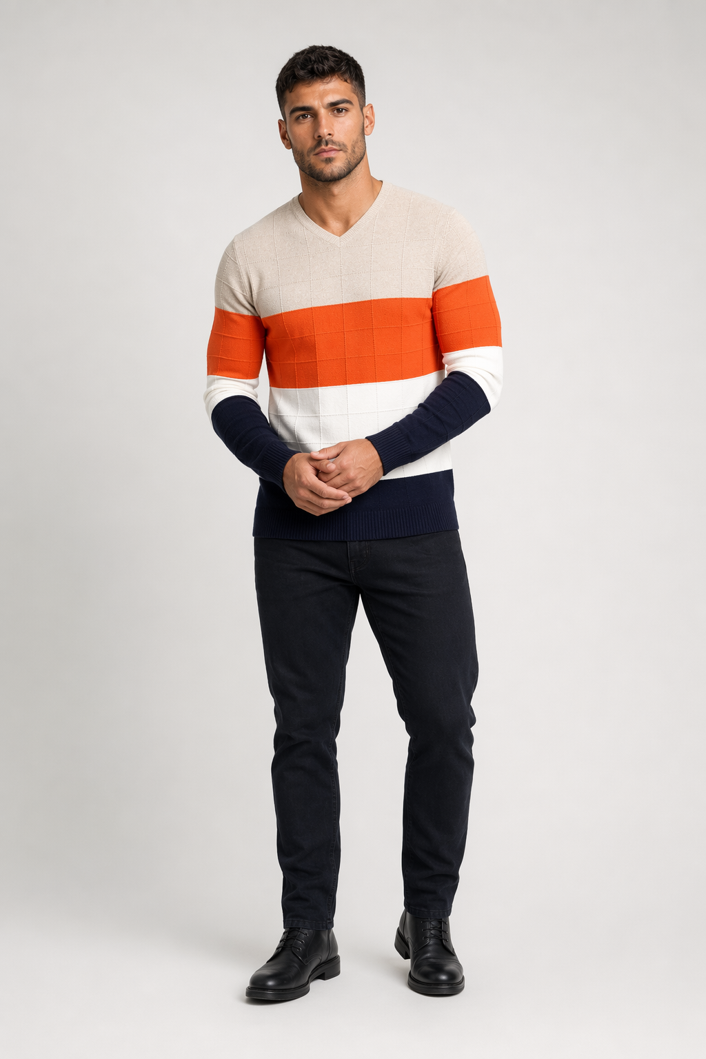 Color Block Sweater for Men with a V-Neck Beige