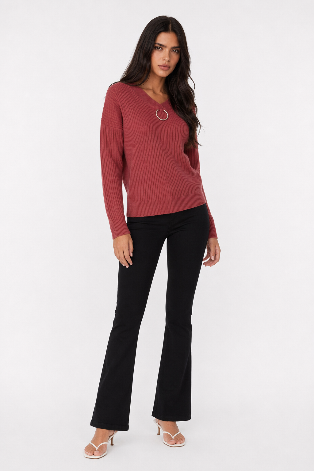 Women's Sweaters with V-Neck Design Red