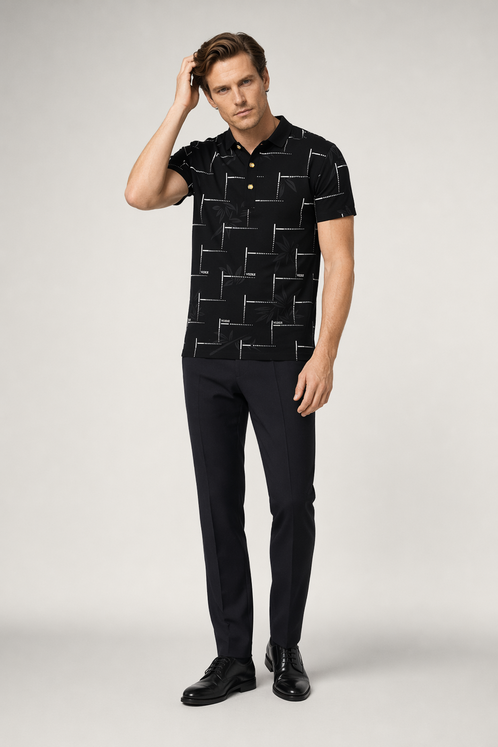 Polo Shirt for Men with Floral Patterns Black