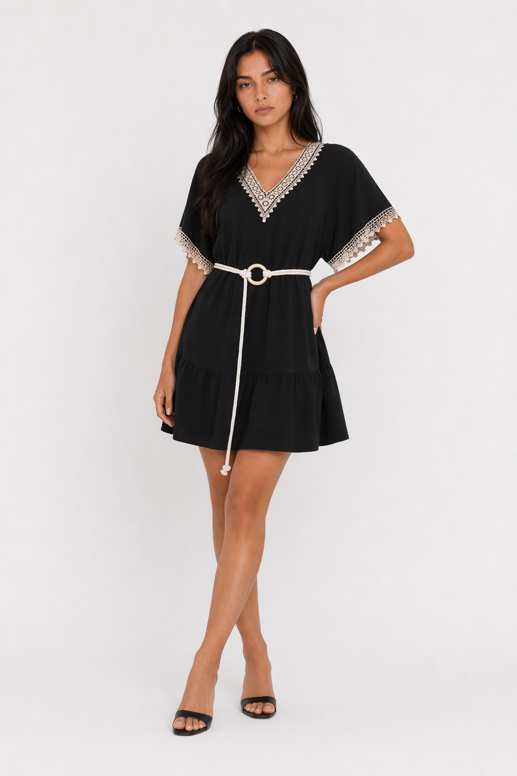 Lace Detailed Flowy V-Neck Dress Black