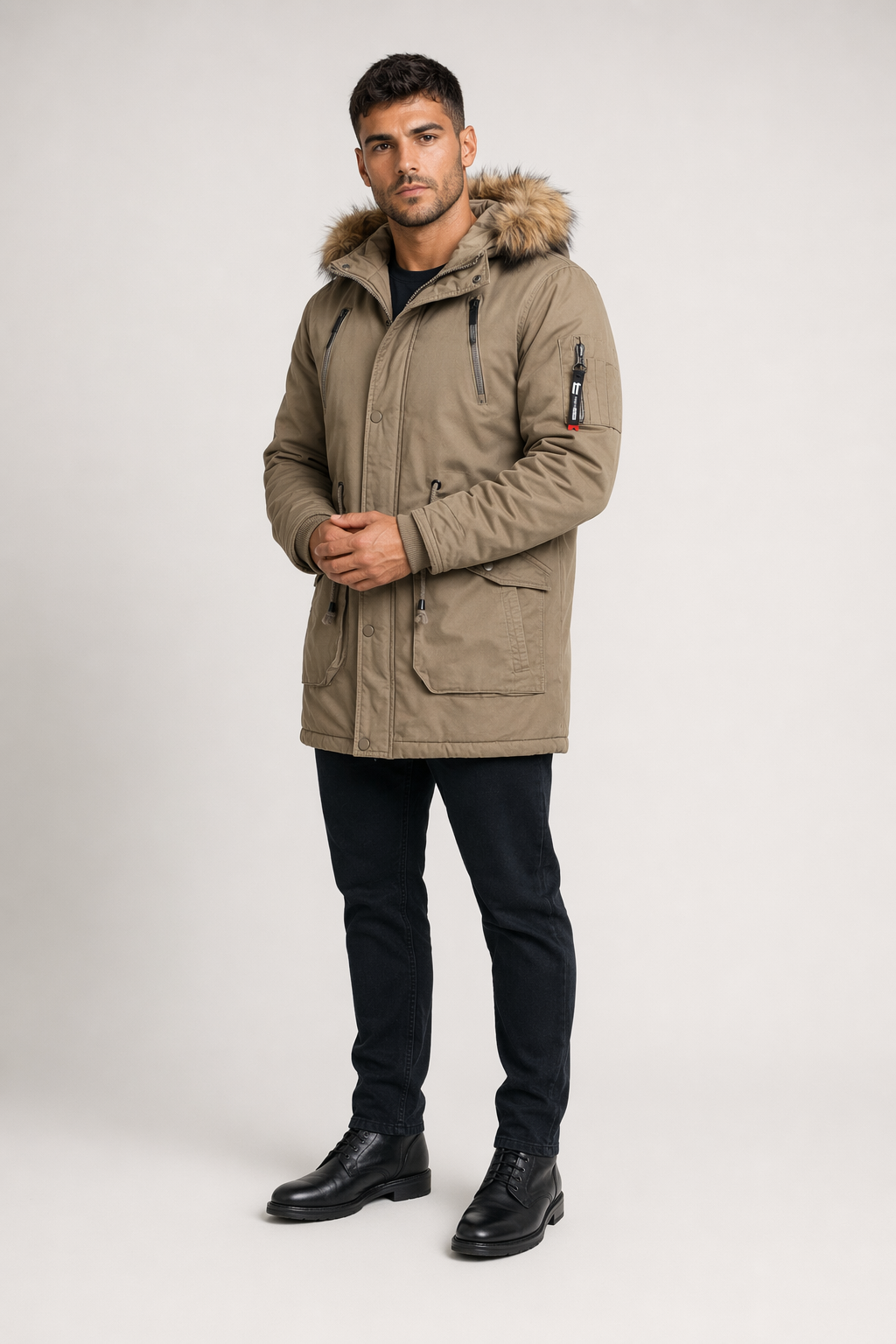 Men's Fur-Lined Parka Coat Khaki