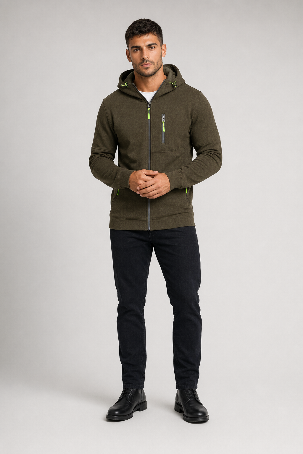 Dual-Zip Men's Lightweight Hooded Sweatshirt Army Green