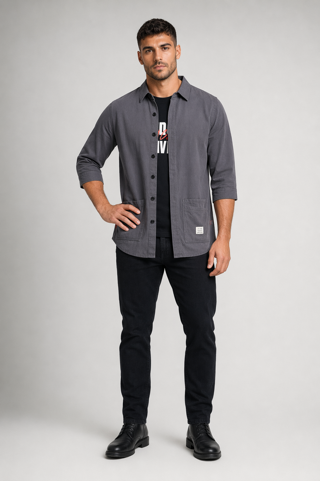Quarter Sleeve Men's Shirt with Dual Front Pockets Gray