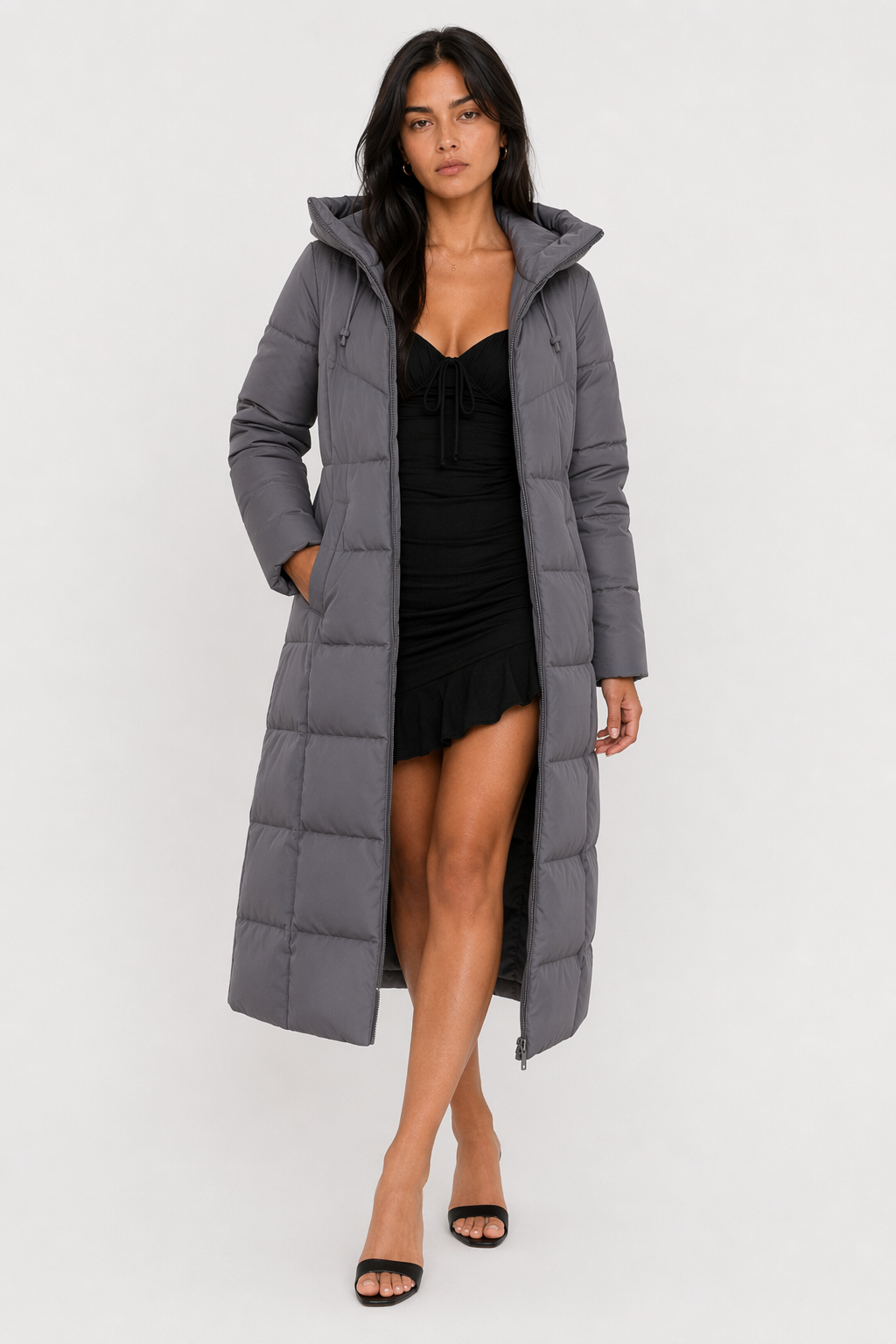 Long Hooded Puffer Jacket for Women Gray