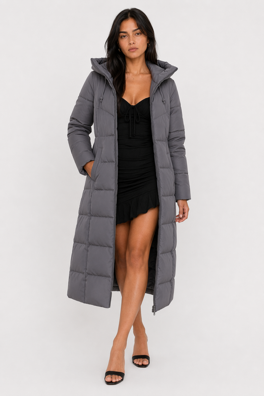 Long Hooded Puffer Jacket for Women Gray