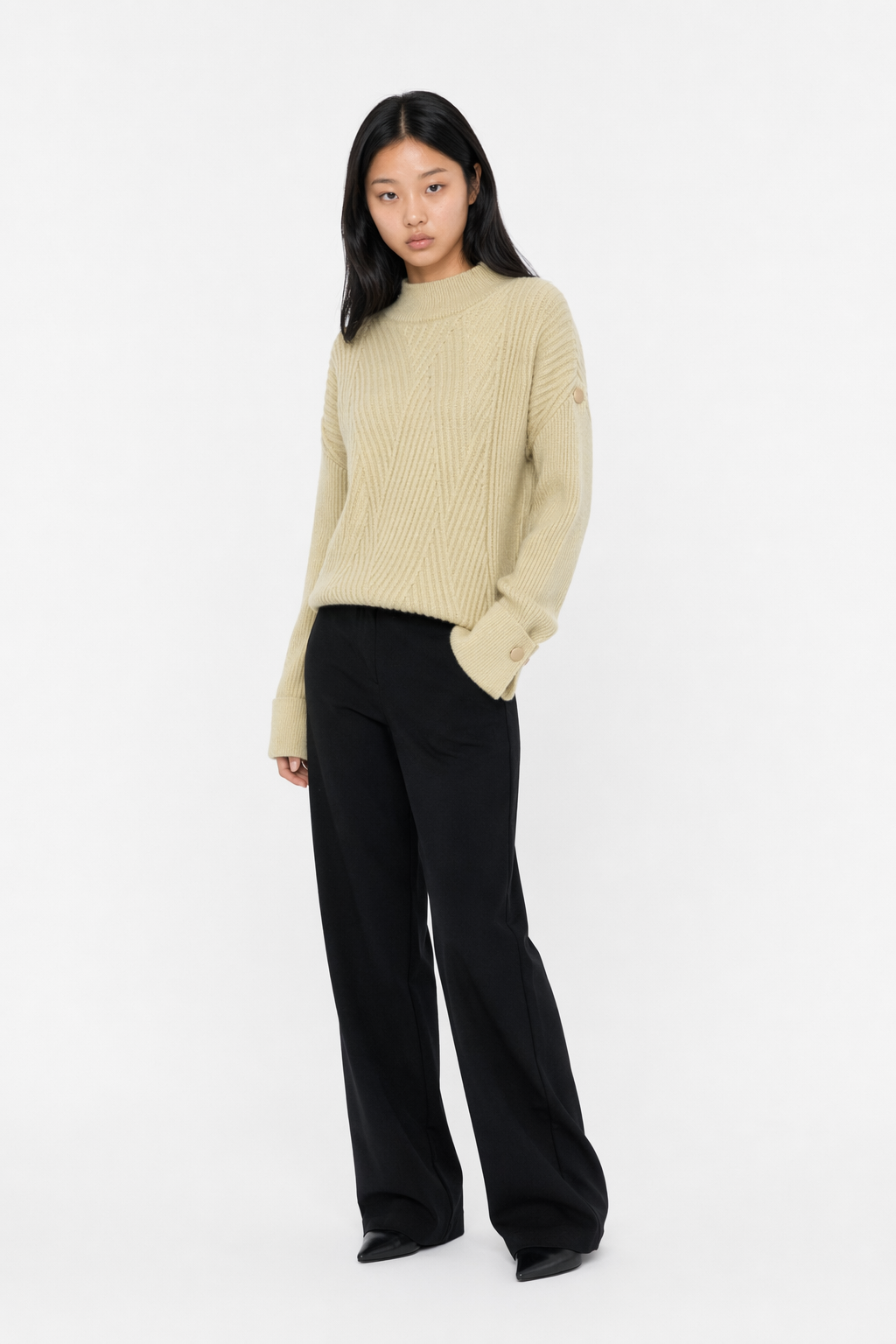 Button-Detailed Women's Sweater with a High Neckline Khaki