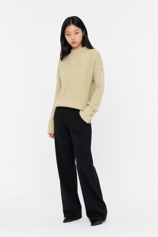 Button-Detailed Women's Sweater with a High Neckline Khaki