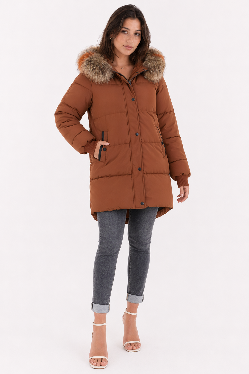 Oversize Faux Fur Hooded Jacket for Women Brown