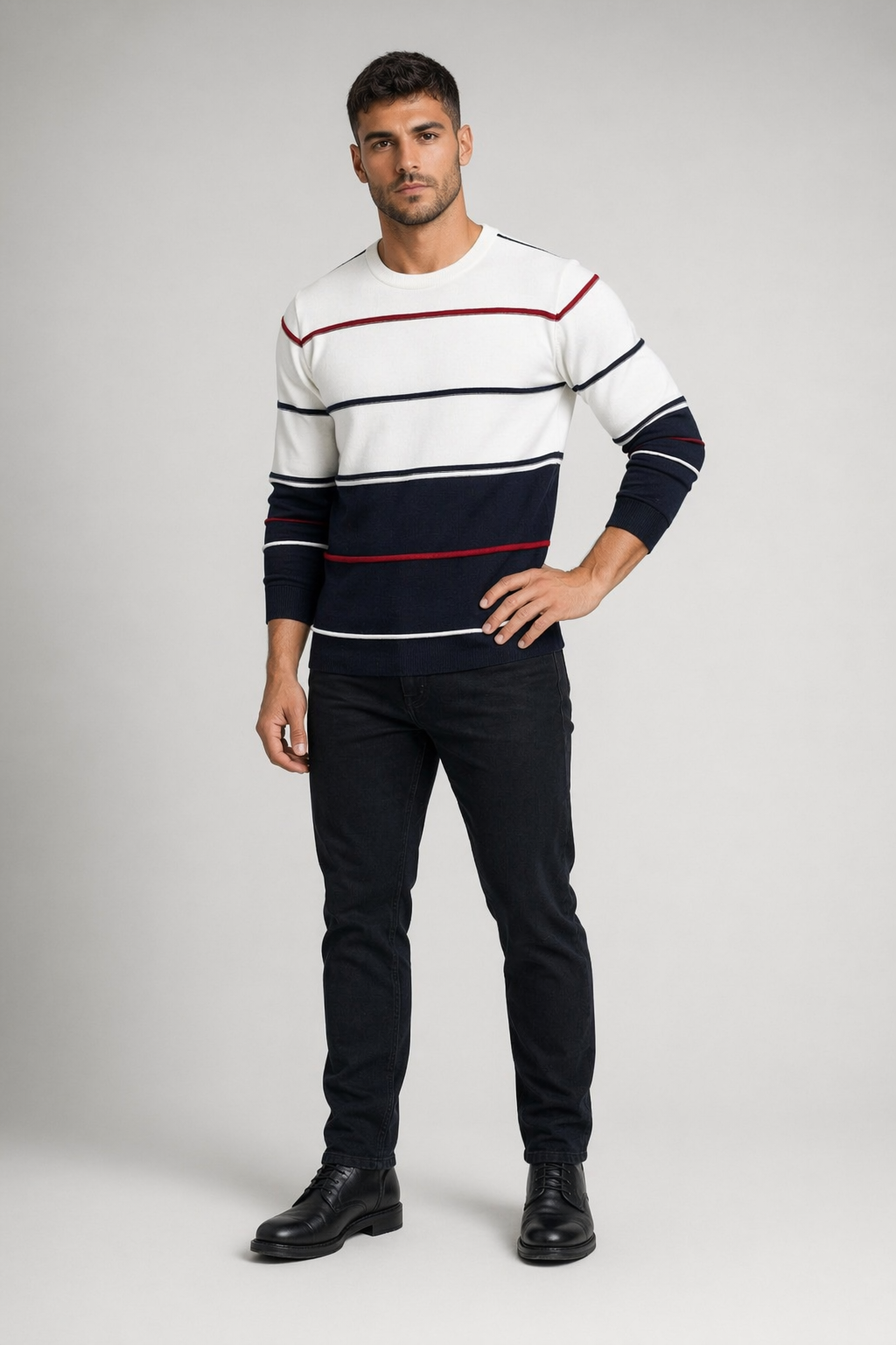 Two-Toned Striped Men's Sweater with Round Neck White