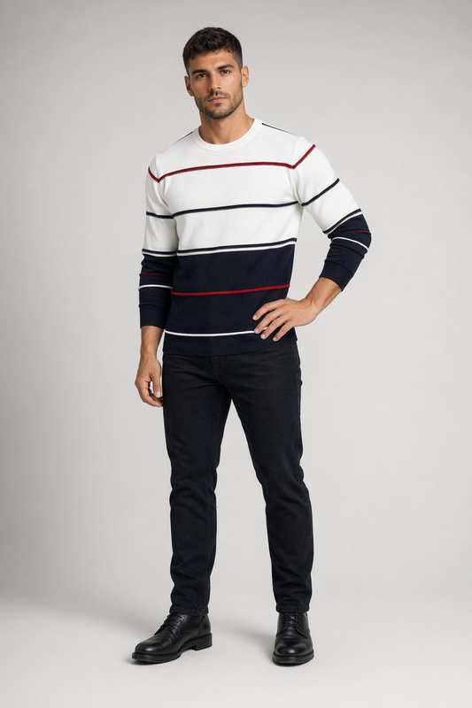 Two-Toned Striped Men's Sweater with Round Neck White