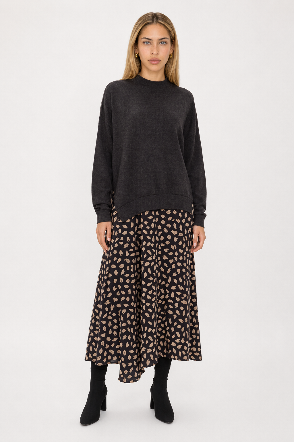Layered Floral Print Dress Women's Sweater Brown