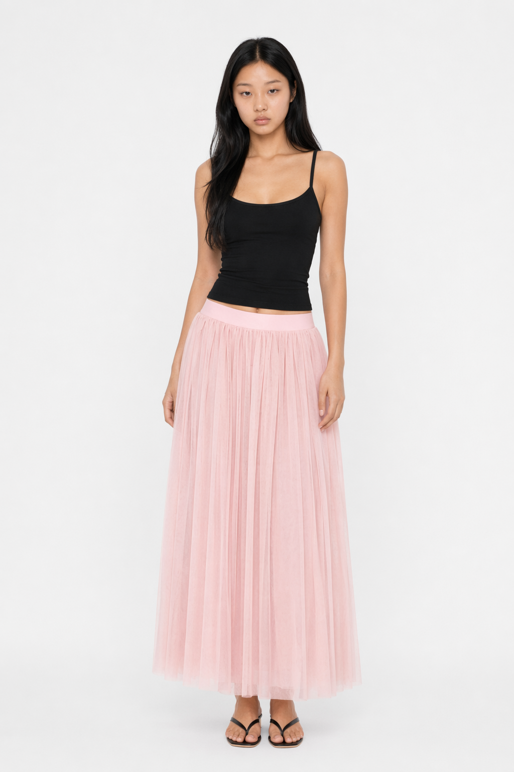 Summer Long Skirt with Elastic Waistband and 3 Layers Pink