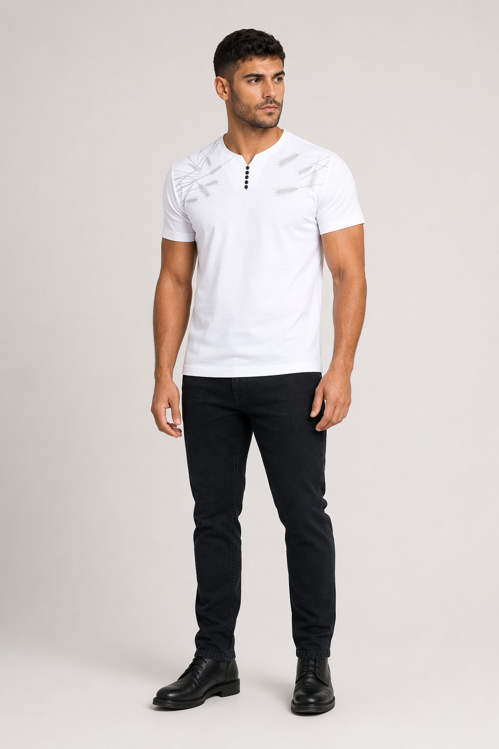 Feather Print Men's Short Sleeve Buttoned T-Shirt White