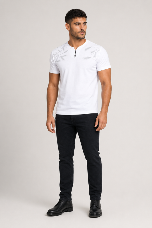 Feather Print Men's Short Sleeve Buttoned T-Shirt White