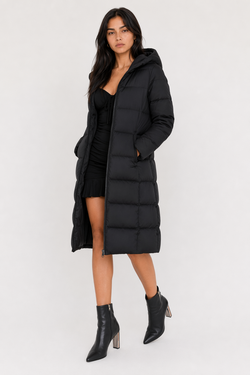 Long Hooded Puffer Jacket for Women Black