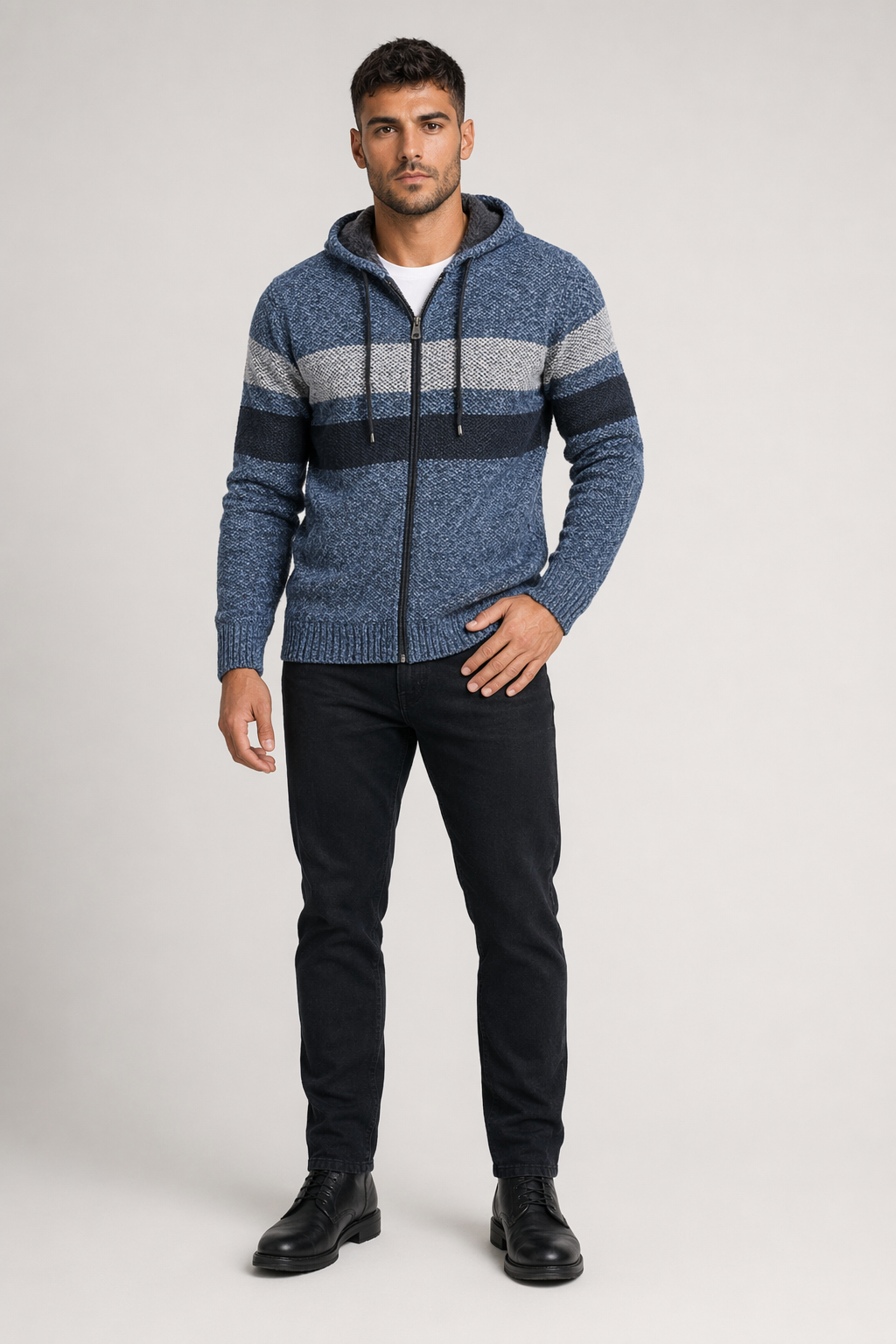 Hooded Men's Striped Knitted Sweater Blue