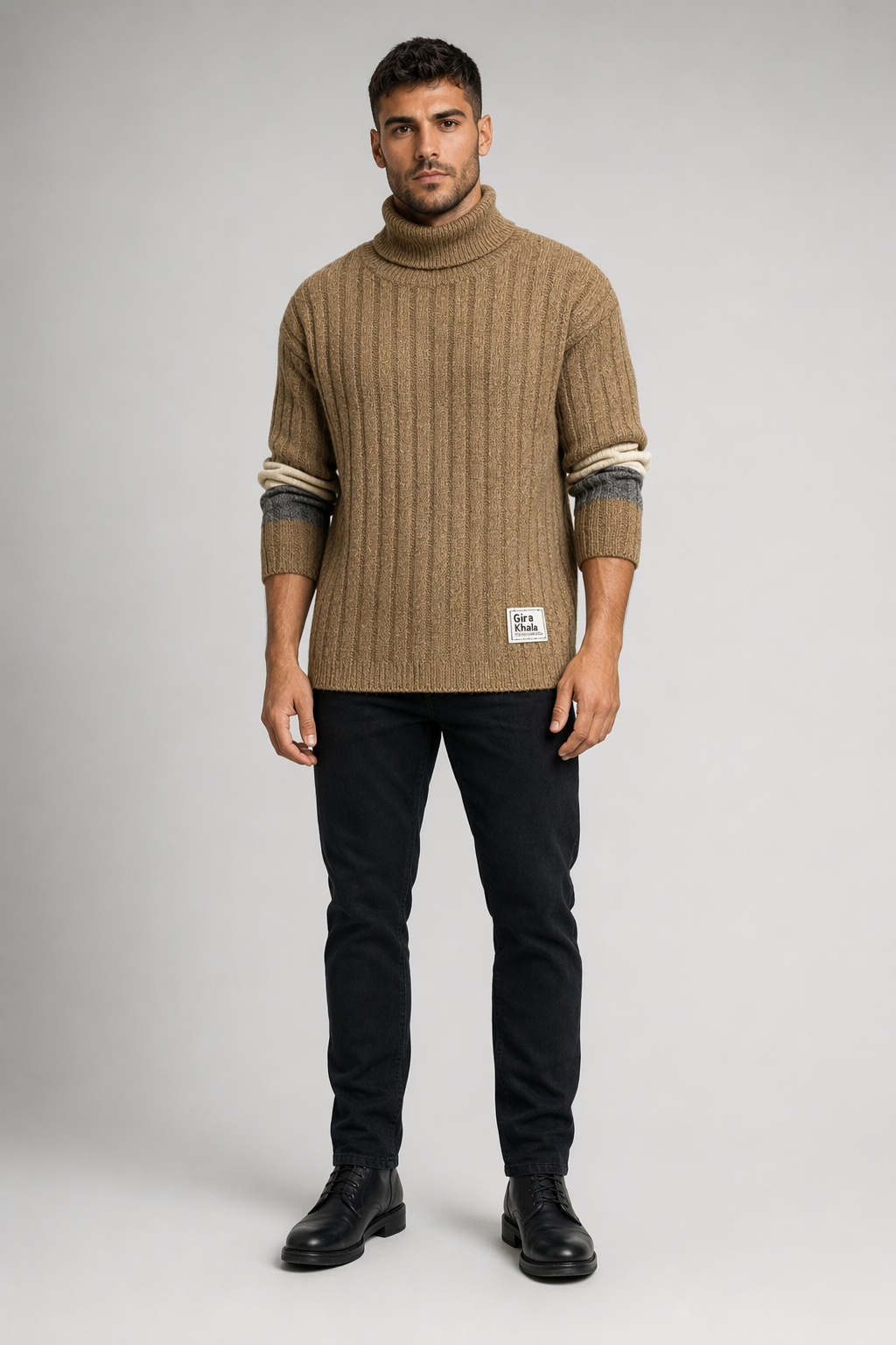 Stripe Sleeve Men's Turtleneck Sweater for Casual Wear Khaki
