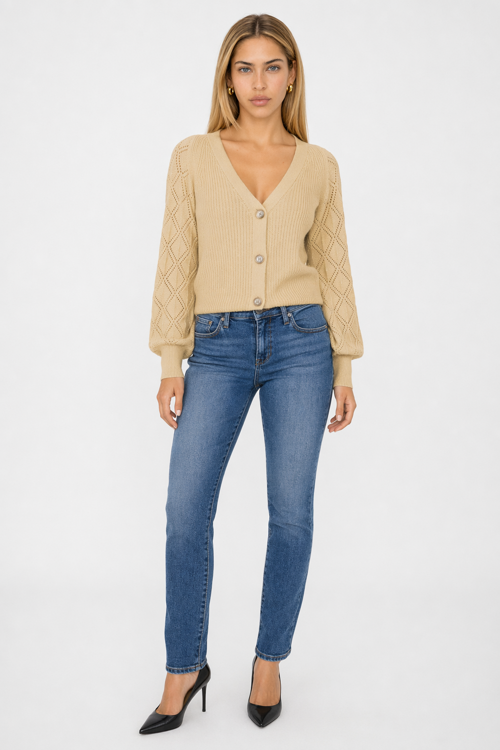 Women's Open Knit Button-Up Sweater Khaki