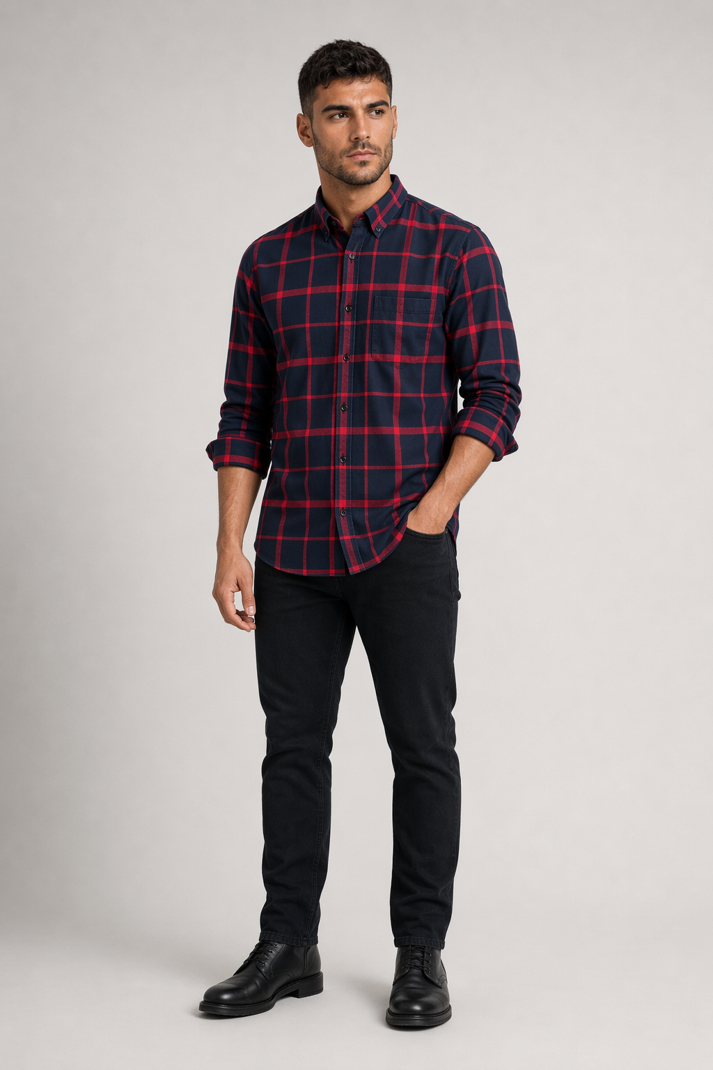 Red Checkered Cotton Shirt with Long Sleeves for Men Default