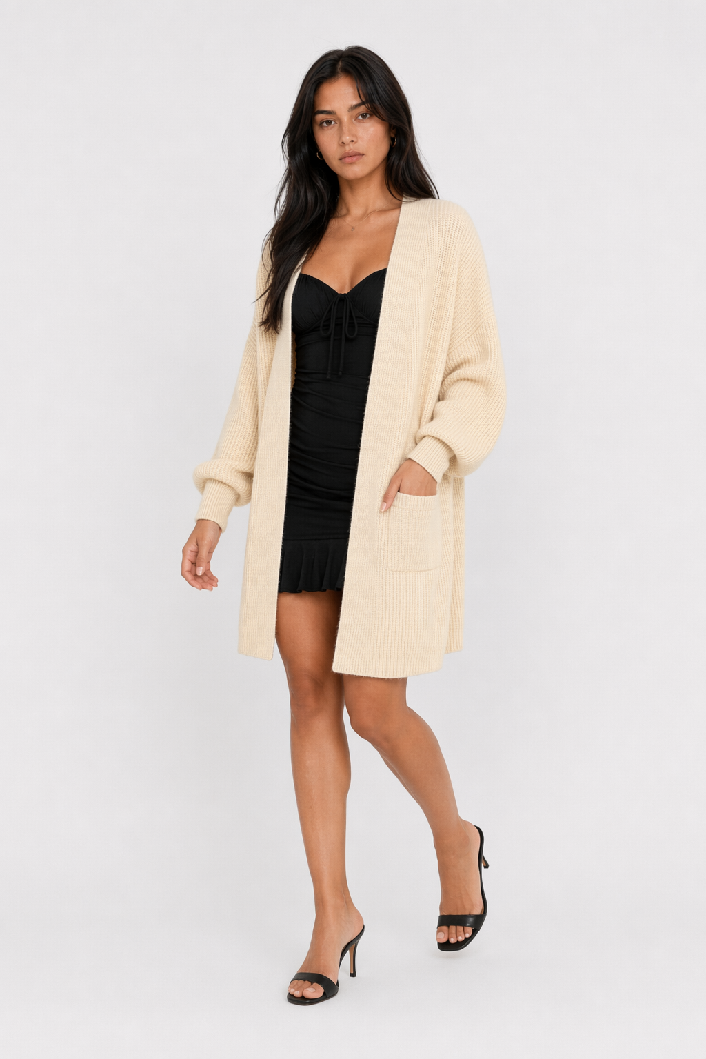 Women's Open Front Cardigan with Mid-Length and Pockets Beige