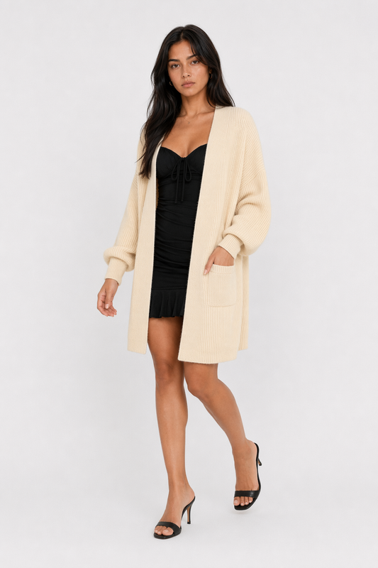 Women's Open Front Cardigan with Mid-Length and Pockets Beige