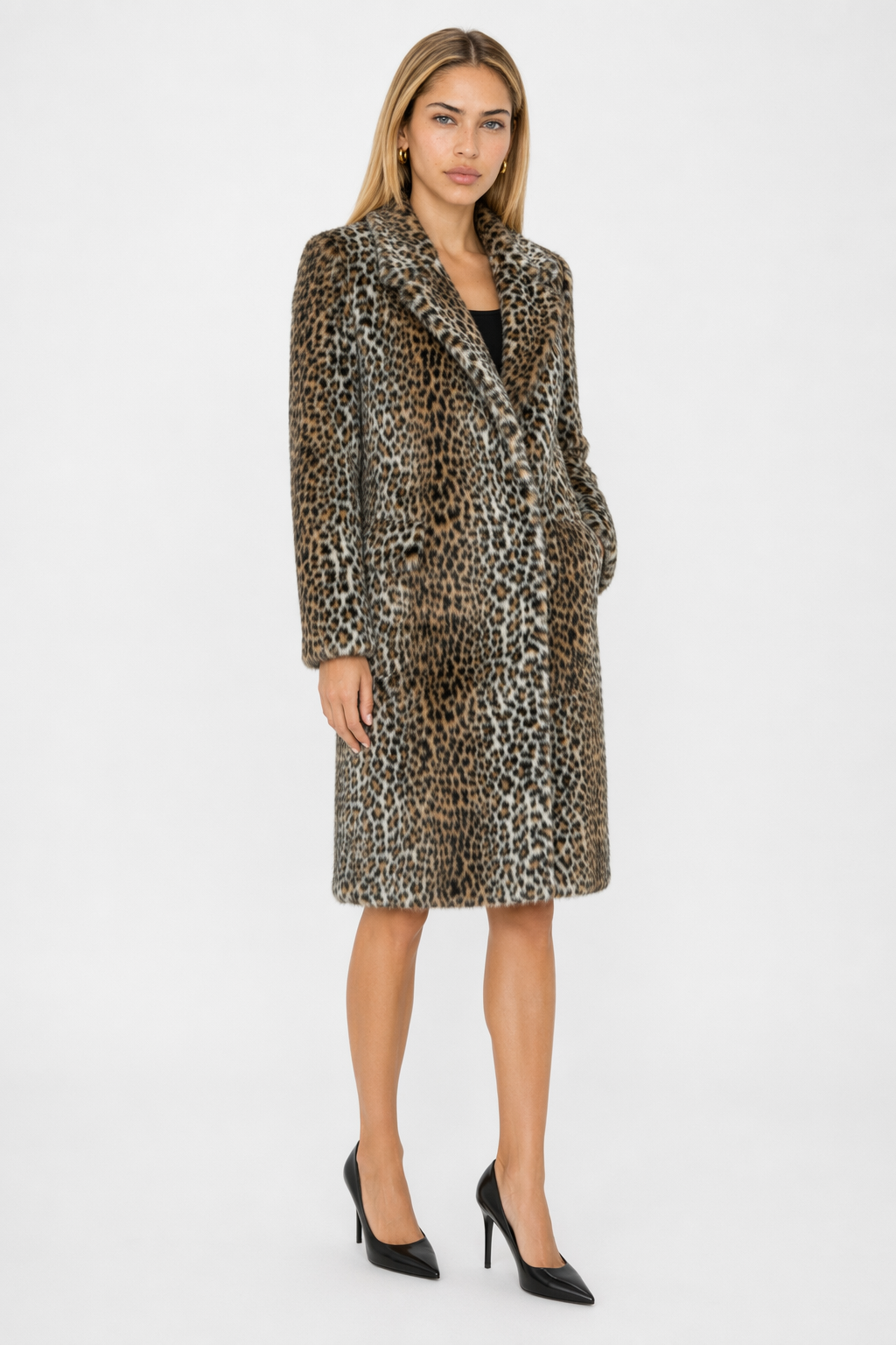 Leopard Print Faux Fur Coat for Women Featuring Convenient Pockets Default