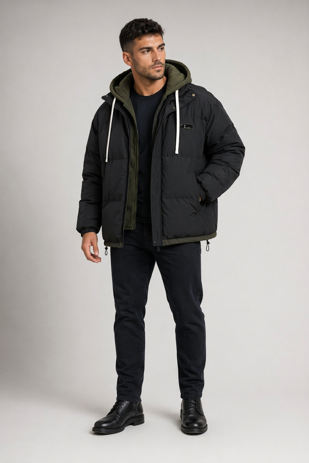 Layered Appearance Men's Hooded Puffer Jacket Black