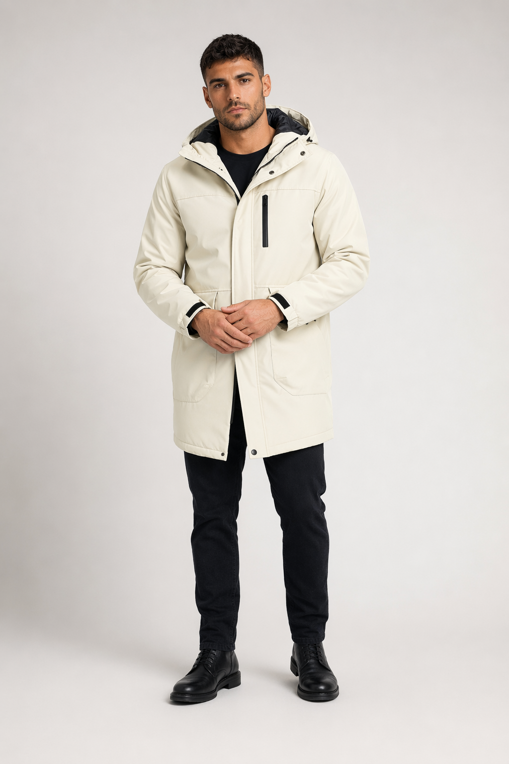 Windproof Hooded Jacket for Men - Mid Length Beige
