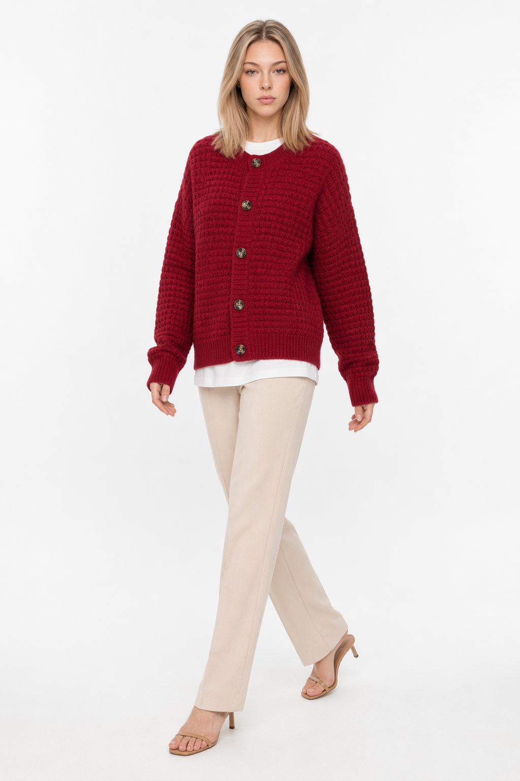 Casual Knit Button-Up Cardigan for Women Wine