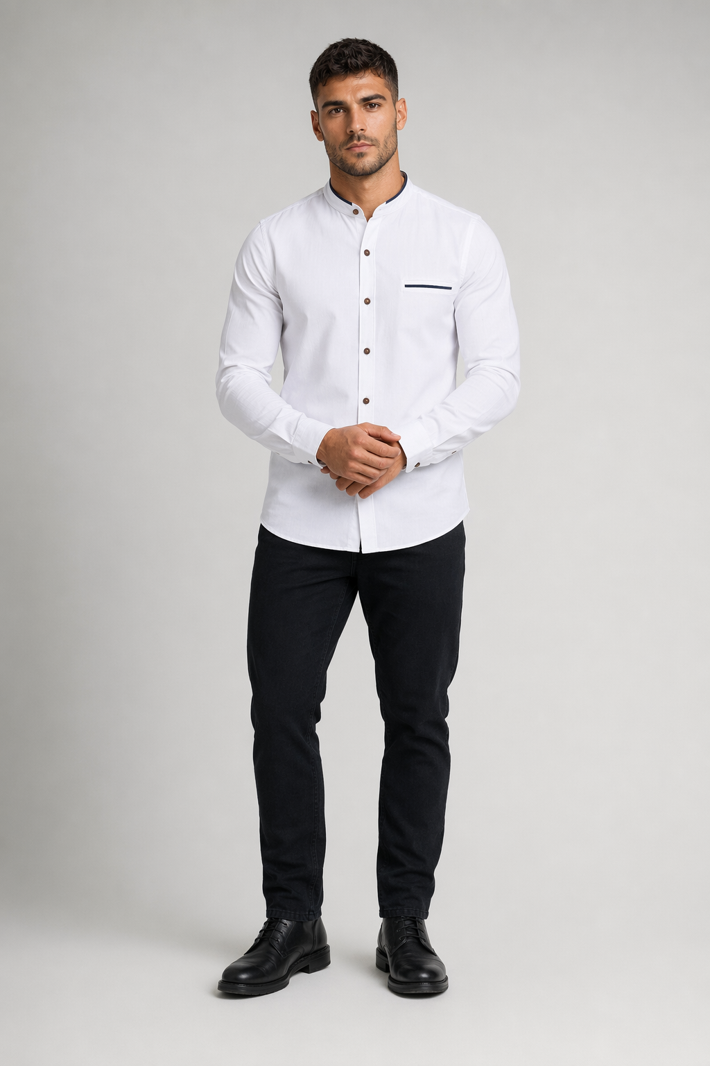 Long Sleeve Button Front Shirt for Men with Mandarin Collar White