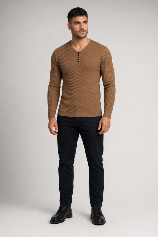 Casual V-Neck Sweater for Men with Buttoned Design Brown