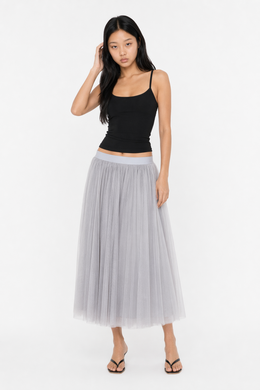 Summer Long Skirt with Elastic Waistband and 3 Layers Gray