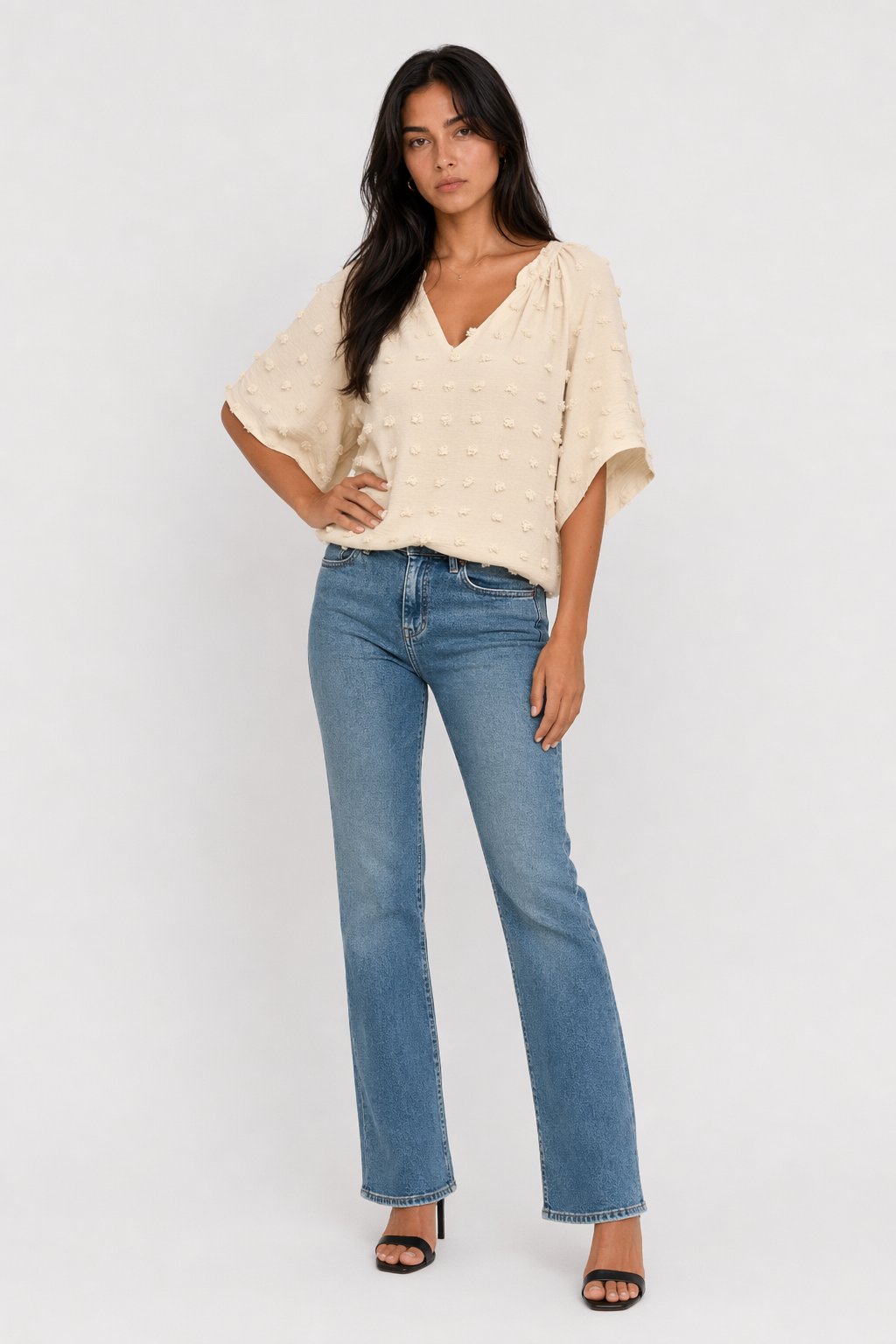 Women's Summer Top with Batwing V-Neck Design Beige
