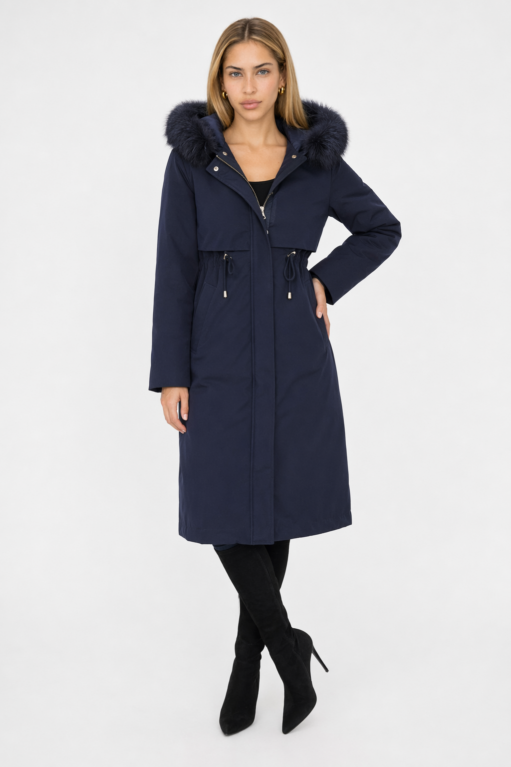 Detachable Faux Fur Lined Women's Long Coat with Hood Navy