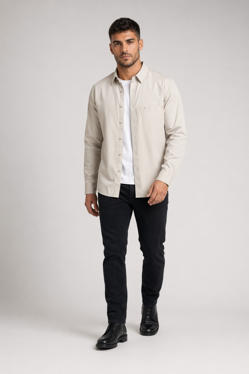 Casual Men's Shirt with Red Stitching Beige