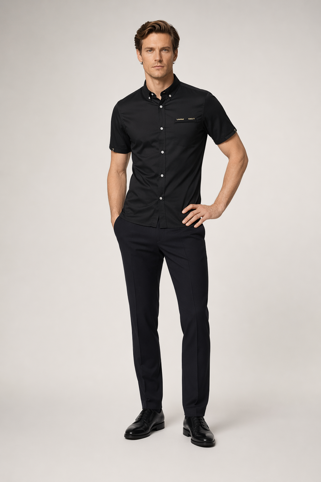 Short-Sleeved Button-Up Shirt for Men Black