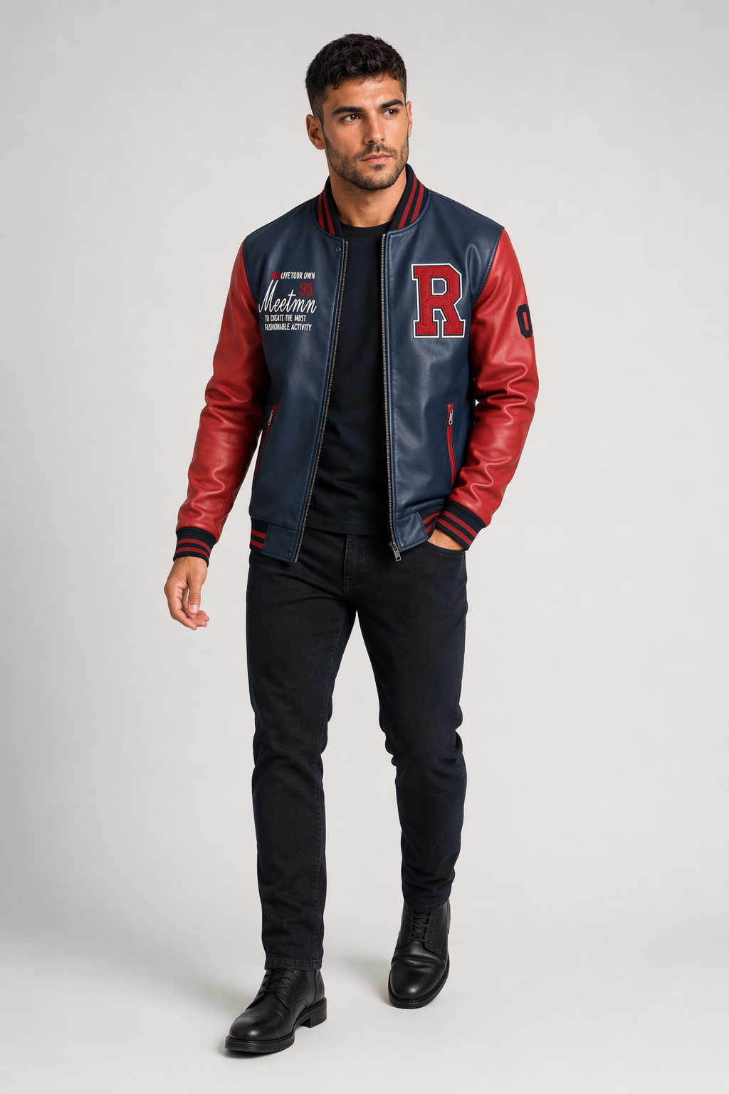 Men's Synthetic Leather Baseball Jacket Blue