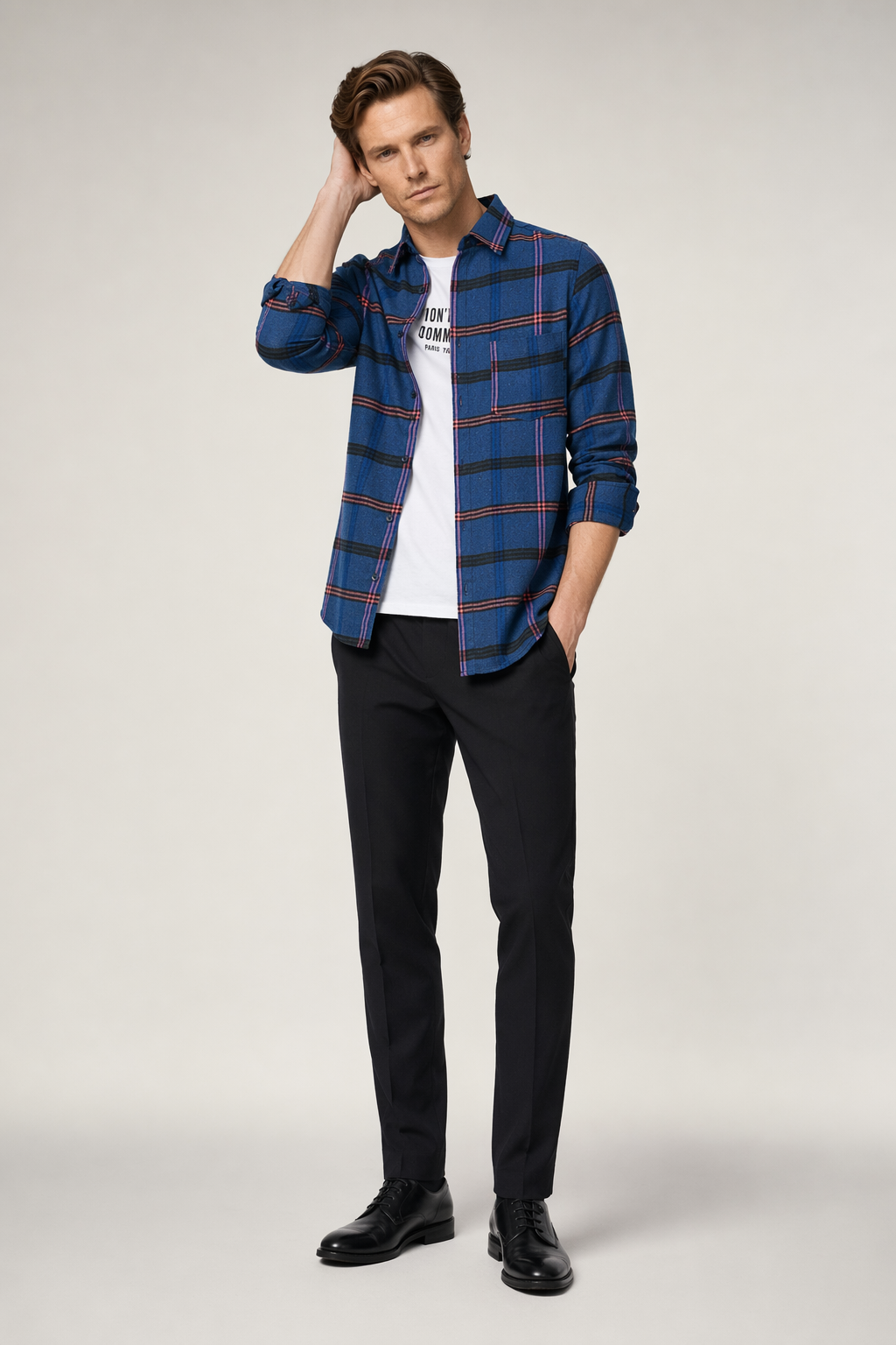 Casual Plaid Shirt with Long Sleeves for Men Blue