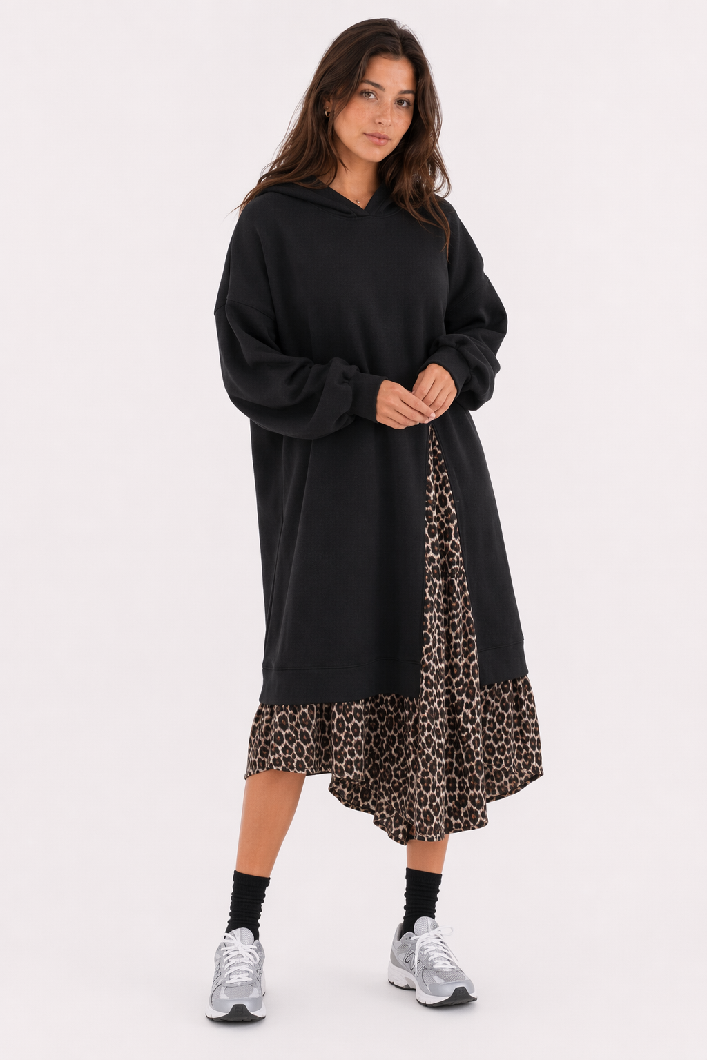 Leopard Print Dress Hoodie for Women with Layered Appearance Black