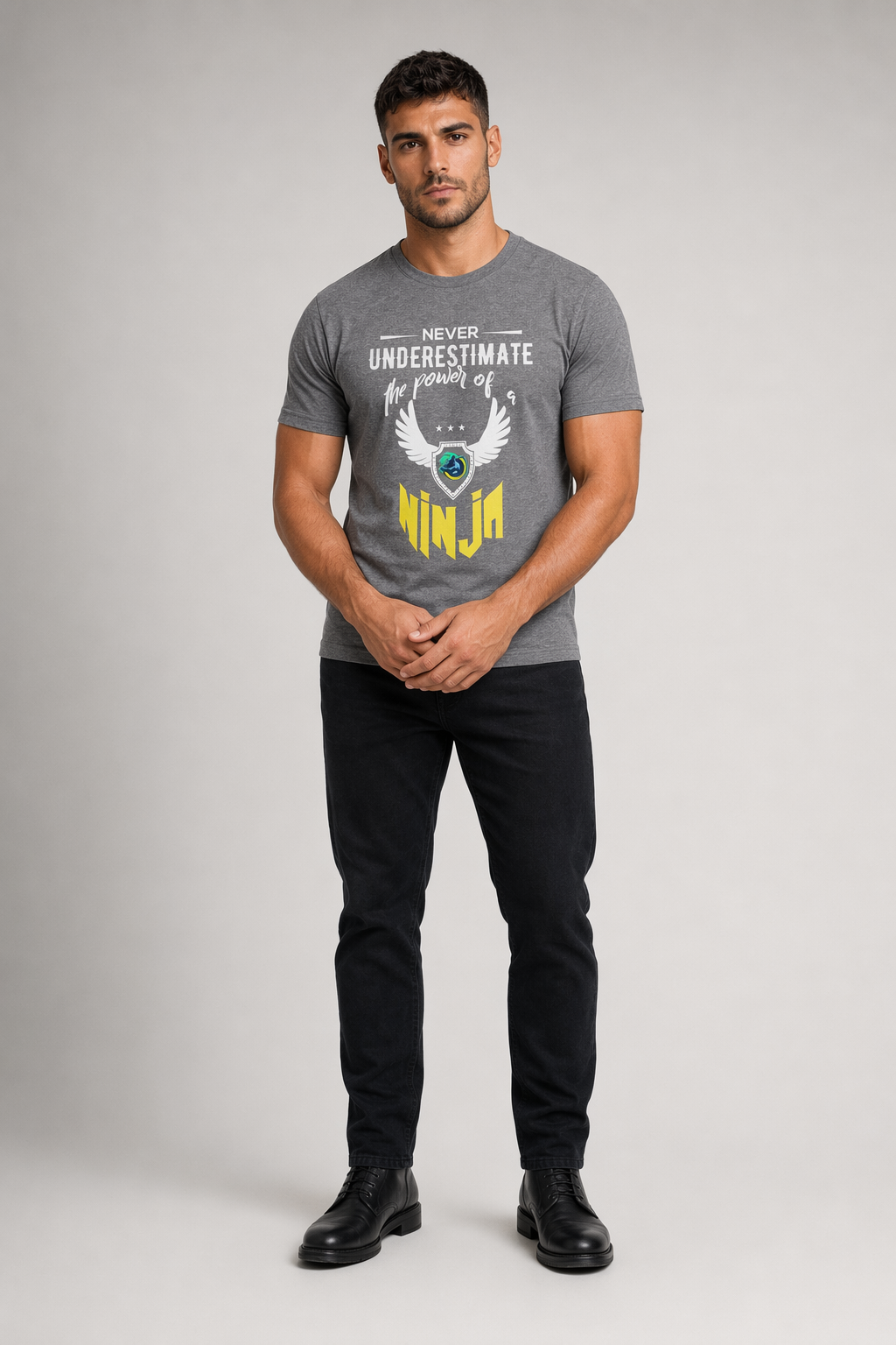 Short Sleeve T-Shirt with Yellow Ninja Emblem Deep Heather